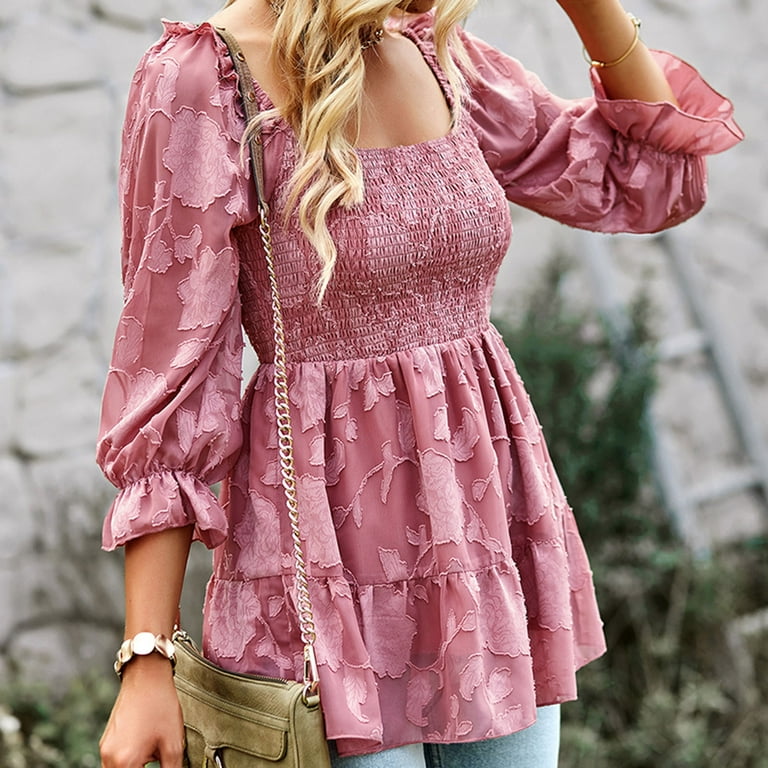 Hfyihgf Women's Summer Square Neck Smocked Babydoll Tops 3/4