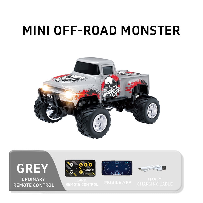 2.4G 1:64 Scale Mini Alloy Monster Truck with Mobile App Control, 3-Speed Off-Road RC Car with Shock Absorption & Trailer Hook, Desktop Remote Control Toy for Teens and Adults