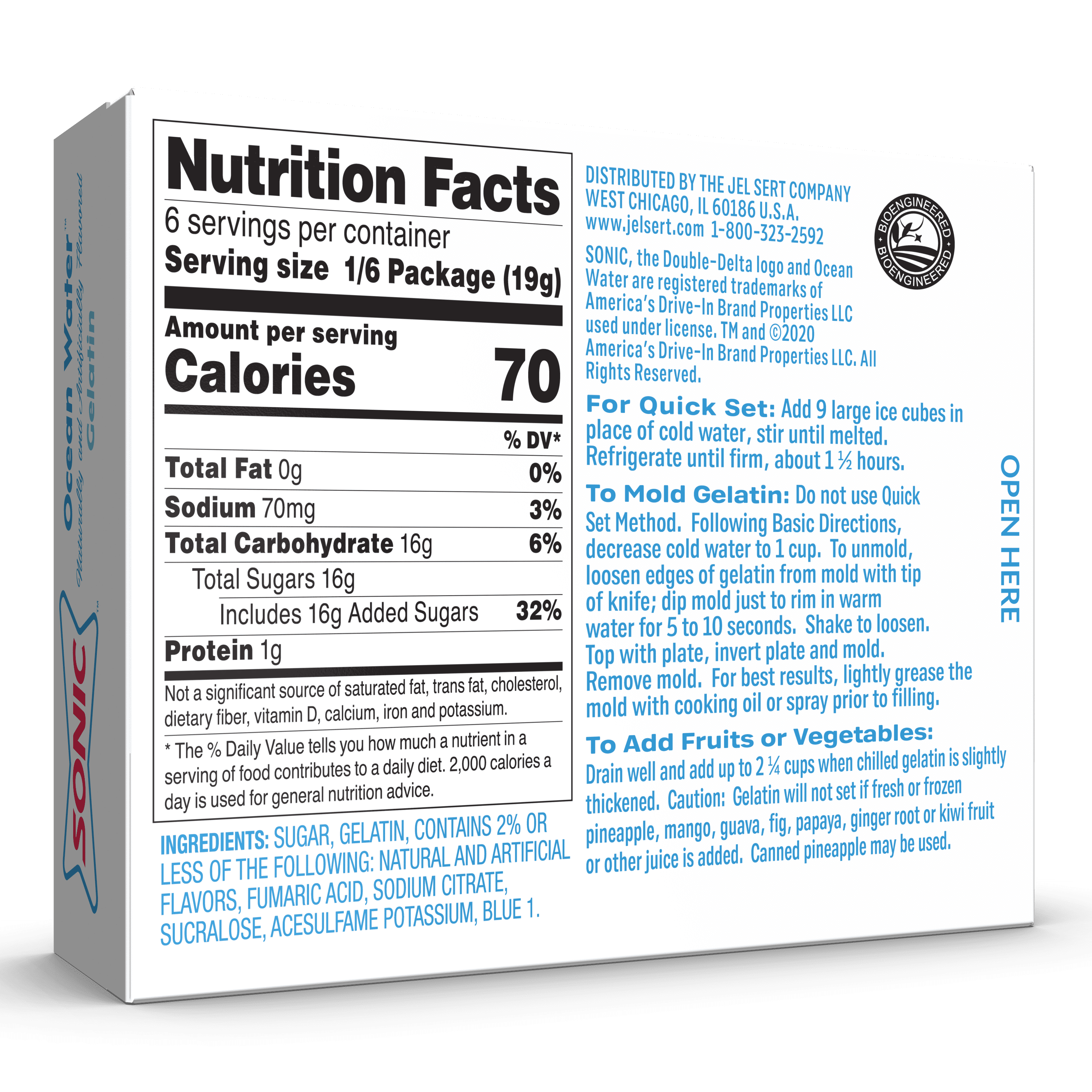 Sonic Ocean Water Gelatin Mix, 6 Servings, 3.94 oz Cardboard Box