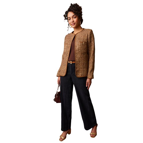 Jessica London Women's Plus Size Tweed Jacket With Leather-Trim