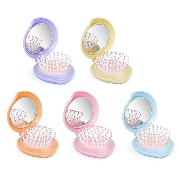 OPALESQUE 5pcs Foldable Travel Hair Brushes with Mirror, 5 Colors Portable Peach Shaped Pocket Hairbrush, with High Definition Mirror Surface, Mini Compact Hair Massage Comb for Purse