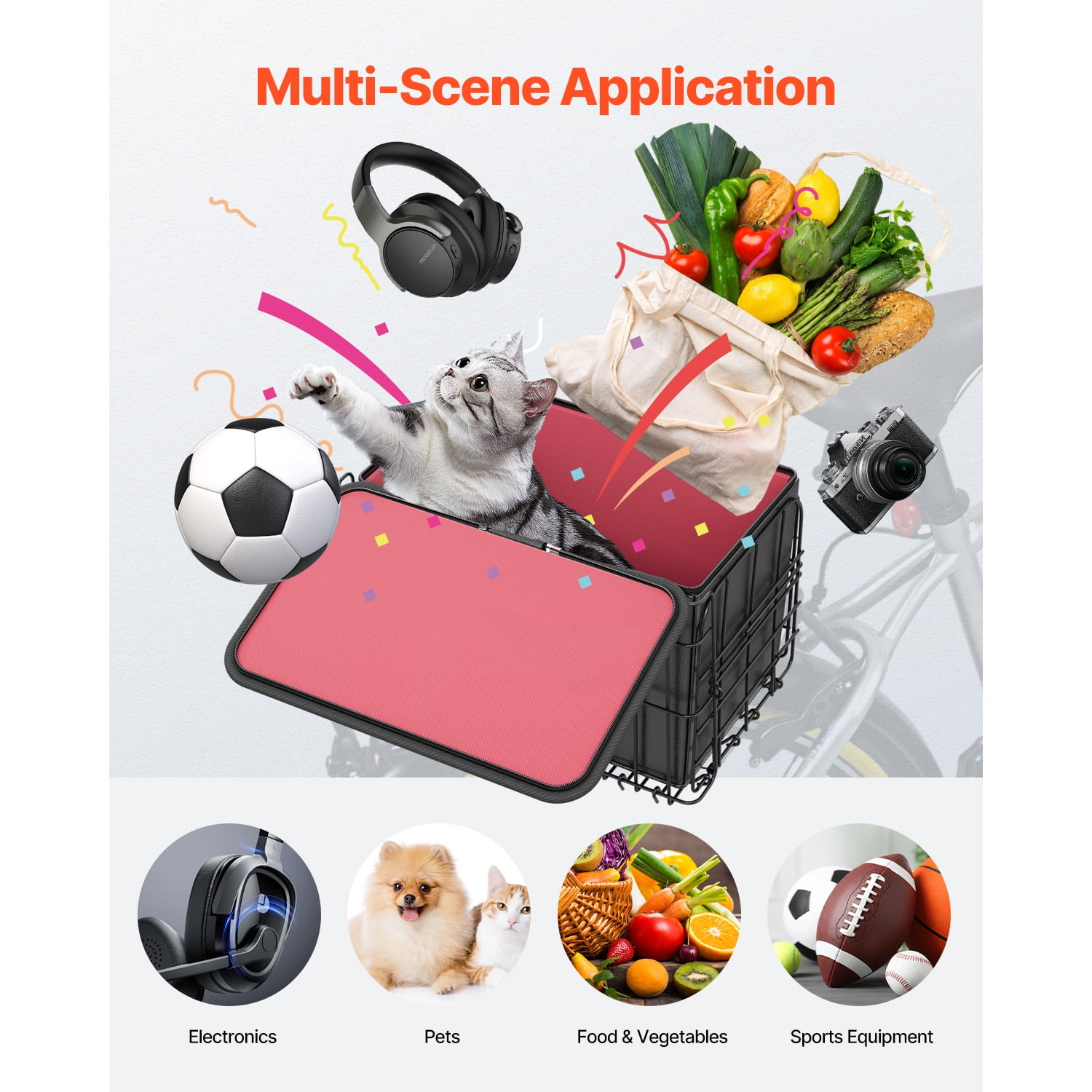 KFFKFF Rear Bike Basket, Foldable Wire Bicycle Basket with Cargo Net, Detachable Liner Bag & Waterproof Cover, Quick Release Design for Adults Carrying Pets, Groceries, and More