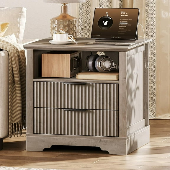 Farmhouse Fluted End Table with Charging Station, 24'' Sofa Side Table with 2 Drawers, Farmhouse Bedside Table with Storage, Large Nightstand for Bedroom, Living Room, Greige