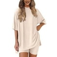 thumbnail image 2 of Women's Shorts Suit Women'S Two Piece Set 2025 Summer Casual Oversized Shirts Biker Shorts Matching Travel Outfit,Beige Women's Shorts Suit 3XL, 2 of 6