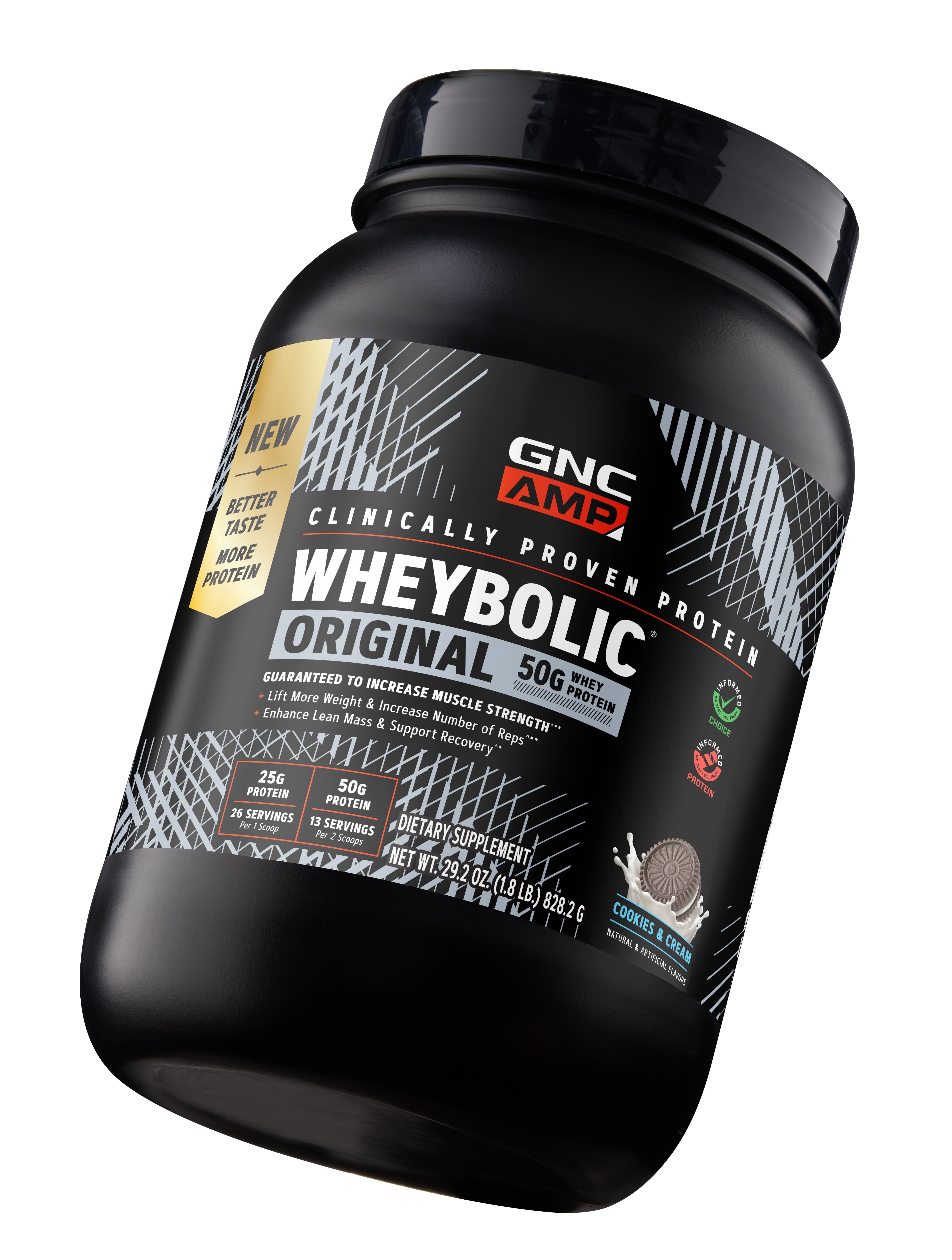 GNC AMP Wheybolic Clinically Proven Protein Powder, 50g Whey Protein, BCAA, Leucine, Increases Muscle Strength, Muscle Building, 3rd Party Tested, Gluten Free, Cookies & Cream 13 Servings