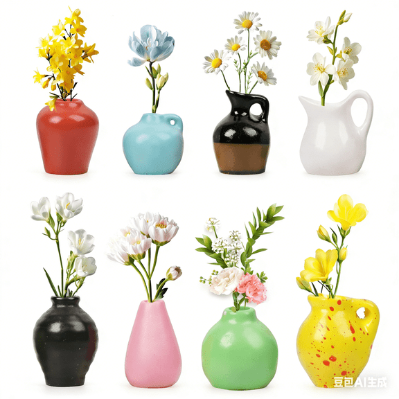 Mini Vase Magnets for Fridge 8PCS - 3D Ceramic Tiny Plant Vase Magnets Fridge Decoration Set Design for Refrigerator, Lockers & Office Spaces (8PCS, Without Flower)