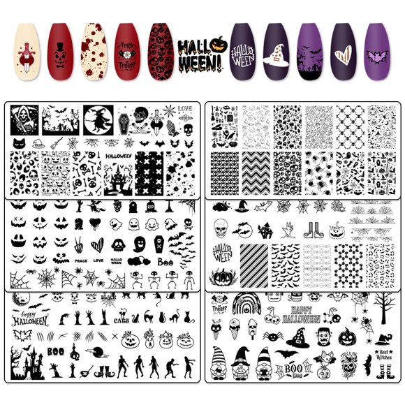 Hying - Juego de 6 placas de estampado para decoración de uñas de Halloween para mujer, diseño de calavera de Jack-o'-Lantern, de acero inoxidable, para decoración de Halloween, kit de plantillas de s