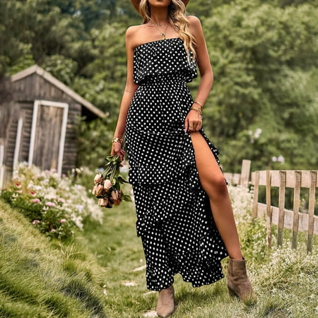 

HTHJSCO Women s Dresses Women s Spring And Summer Polka Dot One Shoulder Bra With Split Sexy Dress
