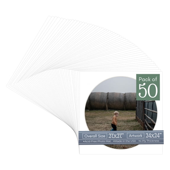 White Picture Frame Mat for 27x27 Frames - Circle Opening for 24x24 Photos - 50 Mats