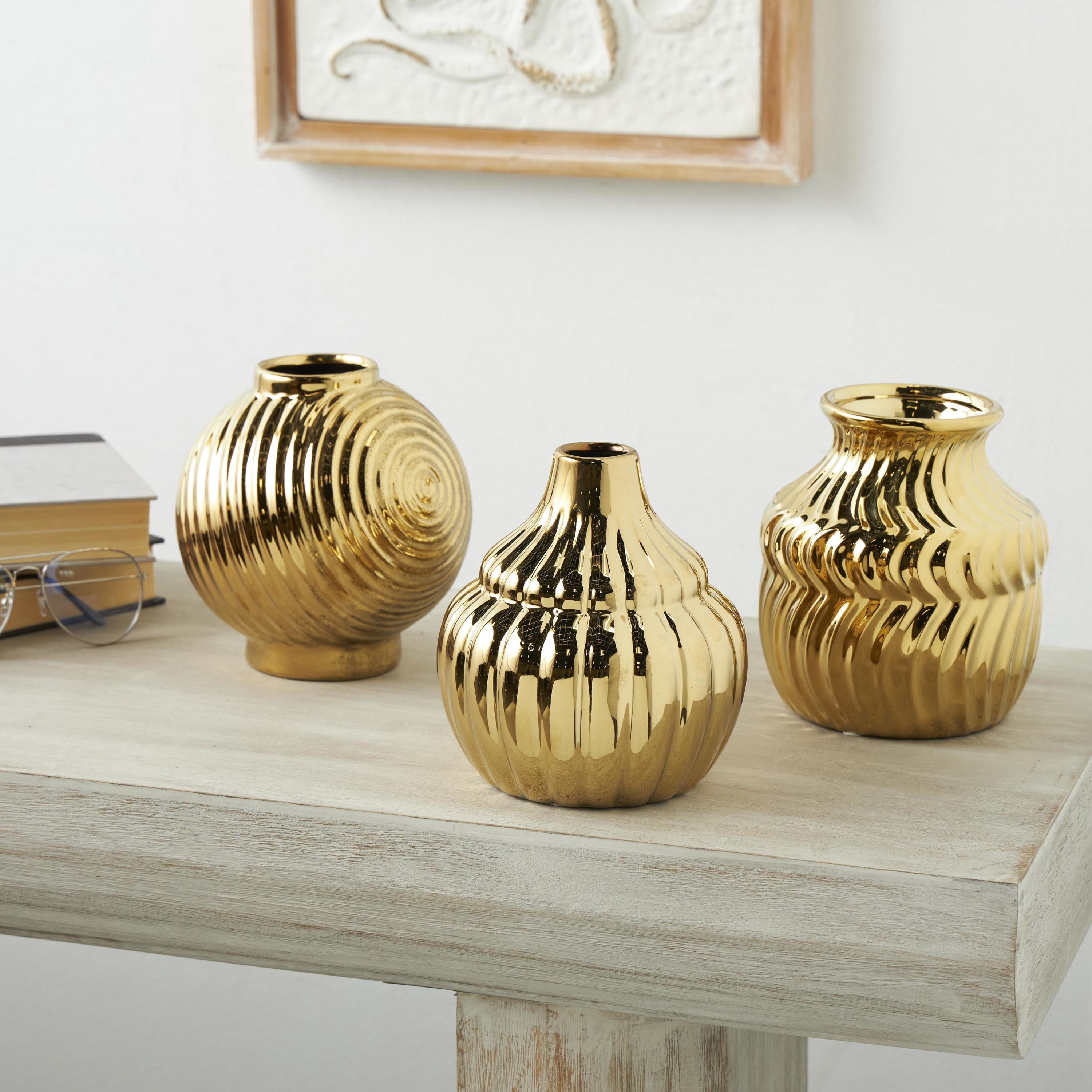 DecMode 5"W, 6"H Abstract Small Textured Gold Ceramic Vase with Varying Shapes and Patterns, Set of 3