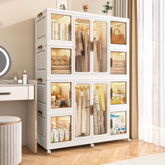 Oufan Portable Wardrobe Closet Storage Organizer for Clothes, with 12 Magnetic Transparent Doors-12 Cubes & 2 Hanging Rod,16 pcs for Living Room,Bedroom,Easy Assemble, White