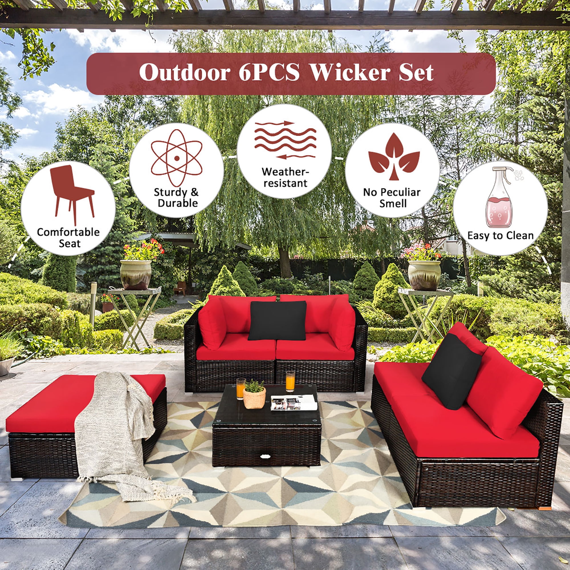 6PCS Outdoor Patio Rattan Furniture Set Cushioned Sectional Sofa Red