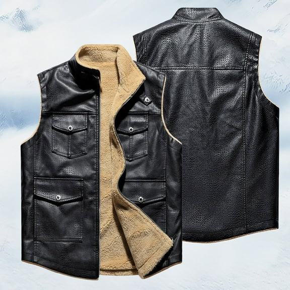 Kalauyu Mens Winter Vests Outerwear Fleece Lined Vest Warm Casual Quilted Vest Sherpa Vest Leather Jacket