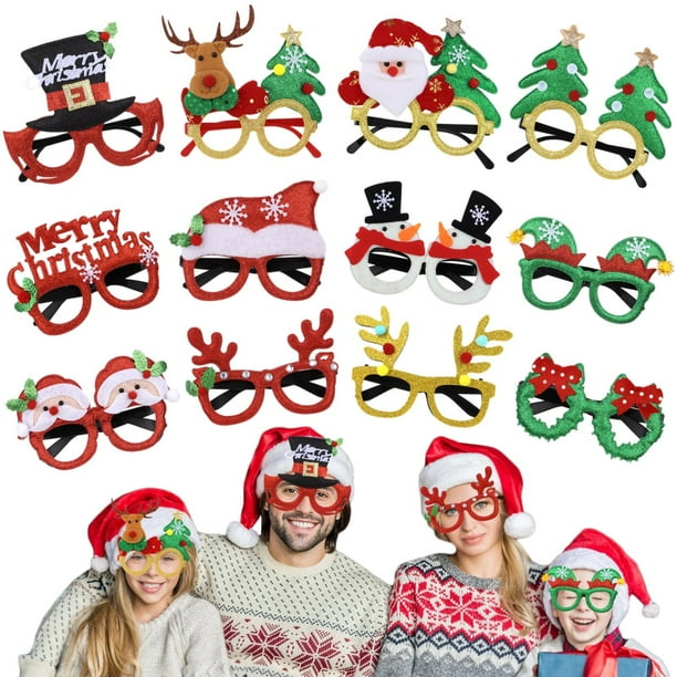 Gafas de Navidad, 12 piezas de gafas con purpurina para fiesta de Navidad, novedosos marcos de gafas navideñas para decoraciones de regalos de fiesta, lindas gafas de fiesta de árbol de Navidad de Pap