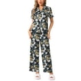 thumbnail image 2 of INSPIRE CHIC Women's Satin Pajama Set Silk Floral Short Sleeves Top and Pants 2 Pcs Pajamas M Black Flowers, 2 of 5