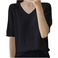 thumbnail image 2 of Sevevn Fashion Women's Casual Solid Color Knit Short Sleeve V-Neck Blouses Shirts Black XXL Summer Savings, 2 of 3
