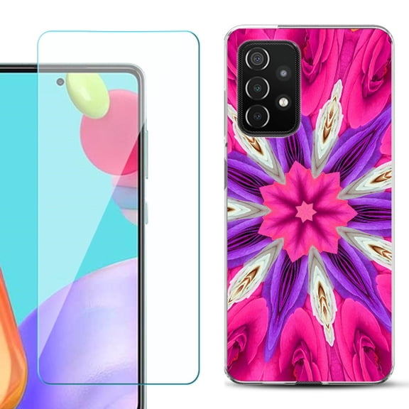 Slim-Fit Flexible Gel TPU Phone Case compatible with Samsung Galaxy A52 5G, with Tempered Glass Screen Protector, by OneToughShield ® - Kaleidoscope Rose