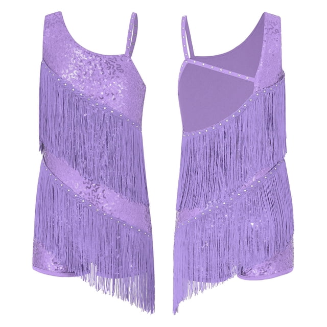Mufeng Vêtements de Danse Latine Rumba pour Grandes Filles Justaucorps de Jazz Moderne Compétition Samba Tango Robe de Danse à Franges Lavande 6