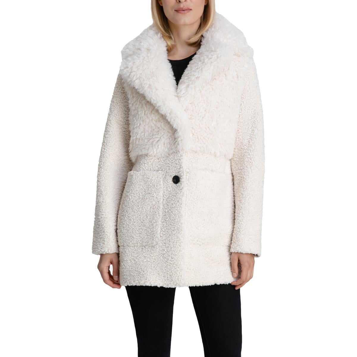 BCBGeneration Women s Fuzzy Faux Fur Mid Length Coat with Notch Lapel Walmart