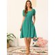 thumbnail image 4 of Vestido de mujer con cuello cuadrado, manga corta, línea A, cintura fruncida Verde XL, 4 of 6