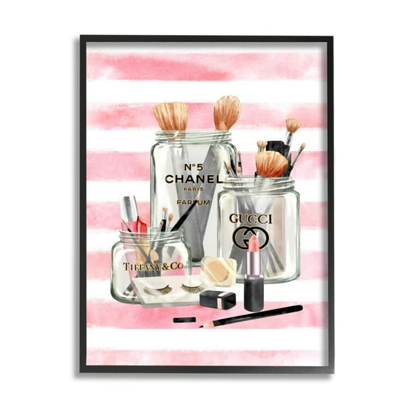 Stupell Industries Fashion Jars and Cosmetic Accessories Pink Stripes Design by Ziwei Li