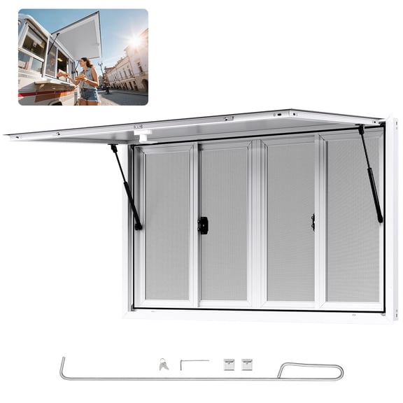 VEVOR Concession Window 53x33 in, Aluminum Alloy Service Window for Food Truck, Up to 85 Degrees Stand Serving Window with 4 Sliding Windows, Awning Door, and Drag Hook, for Concession Trailers
