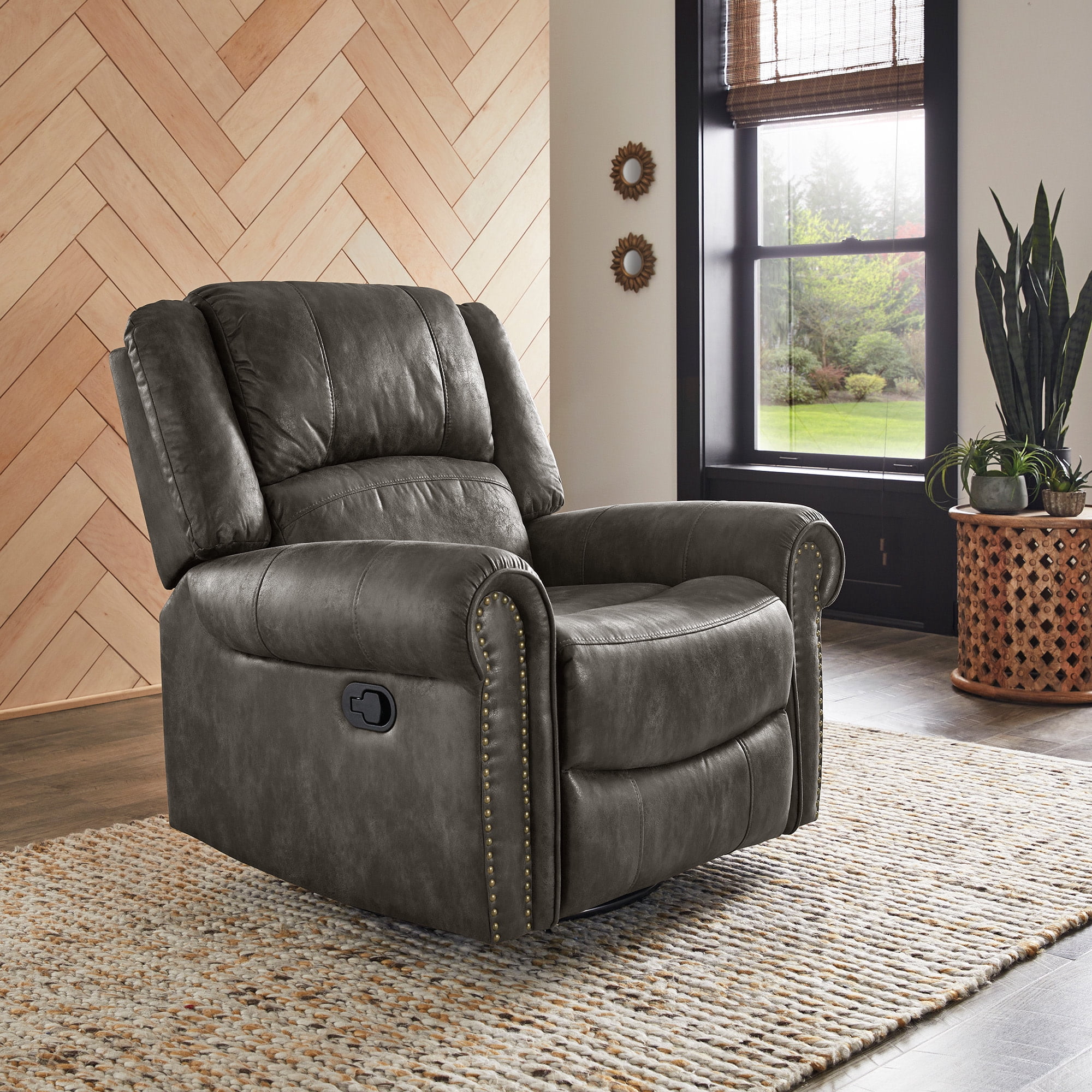 Weston Home Tippecanoe Polished Microfiber Nailhead Swivel Glider Recliner, Charcoal Gray