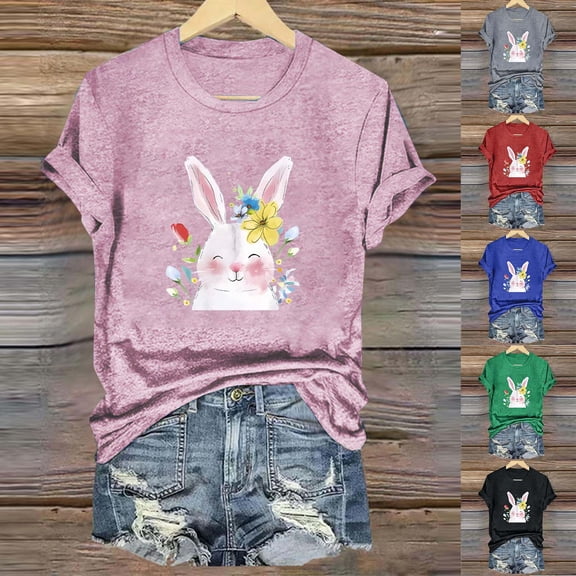 VBTAPA Easter T Shirts for Women Short Sleeve Crewneck Tops Novelty Funny Bunny Printed Graphic Tees Casual Holiday Tee Blouse Sales of Today Pink XXL