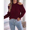 thumbnail image 6 of Women Cable Openwork Hollow Cut Out Cold Shoulder Crew Neck Long Sleeve Loose Pullover Sweater Wine Red M, 6 of 9