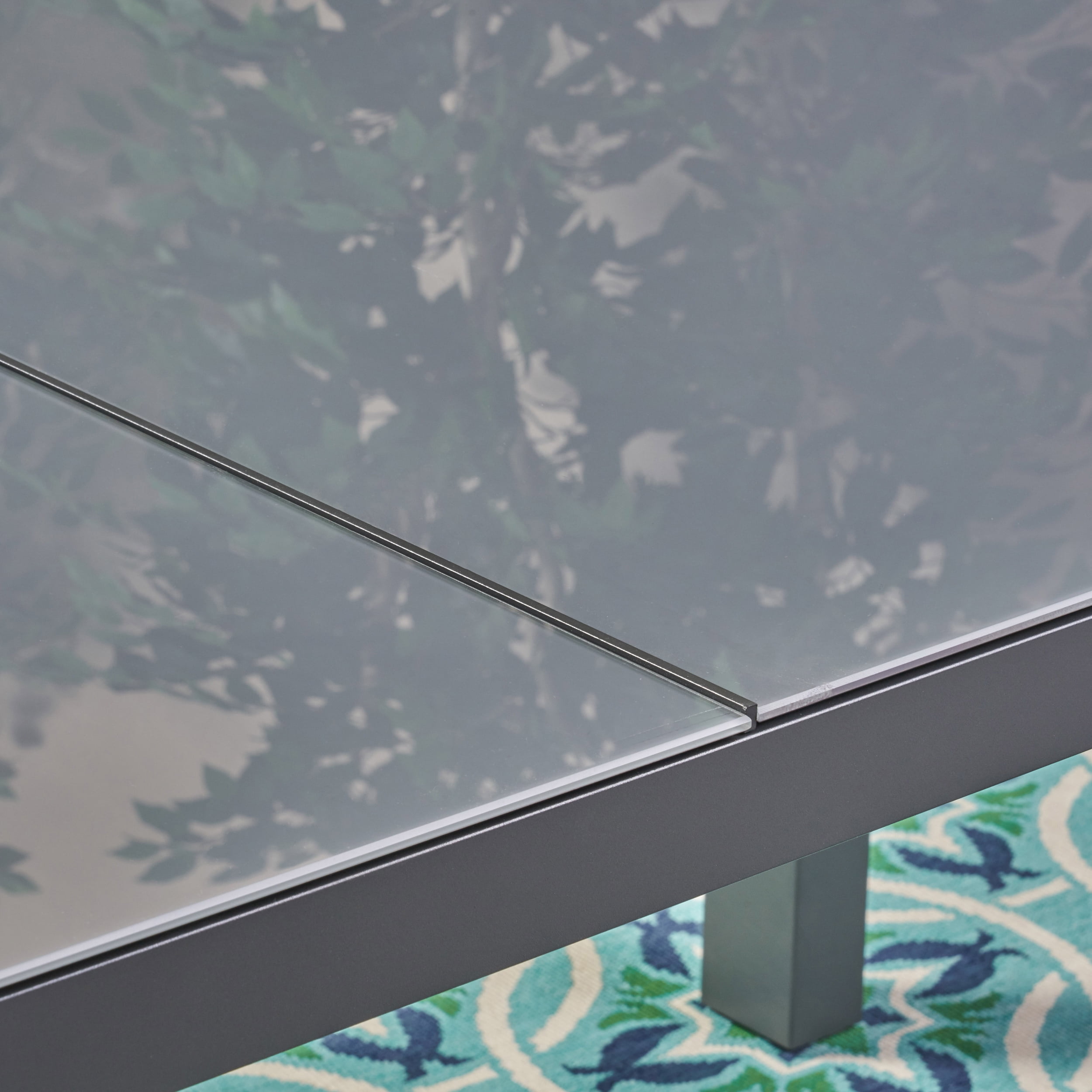 Crane Outdoor Tempered Glass Dining Table with Aluminum Frame, Gray