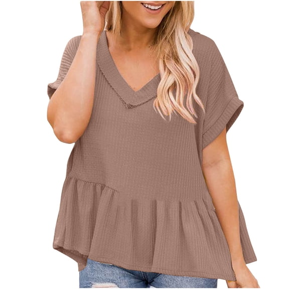 USSUMA Plus Womens Tops Dressy Casual Short Sleeve V Neck Women's Shirts and Blouses Flare Swing Peplum T-Shirts for Female Trendy Solid Loose Tunic Top Summer
