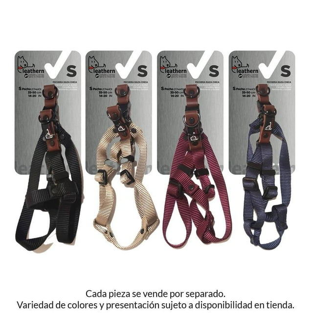pechera para perro leathern tiras de nylon y cuero talla chica, arnés multicolor en exhibición frontal con cuatro unidades en negro, beige, vino y azul; tiras de polipropileno y cuero, herrajes metálicos de alambre, cierres plásticos marrón, correas ajustables y anilla para enganchar correa. Su tamaño pequeño resulta ideal para paseos cortos y uso diario.