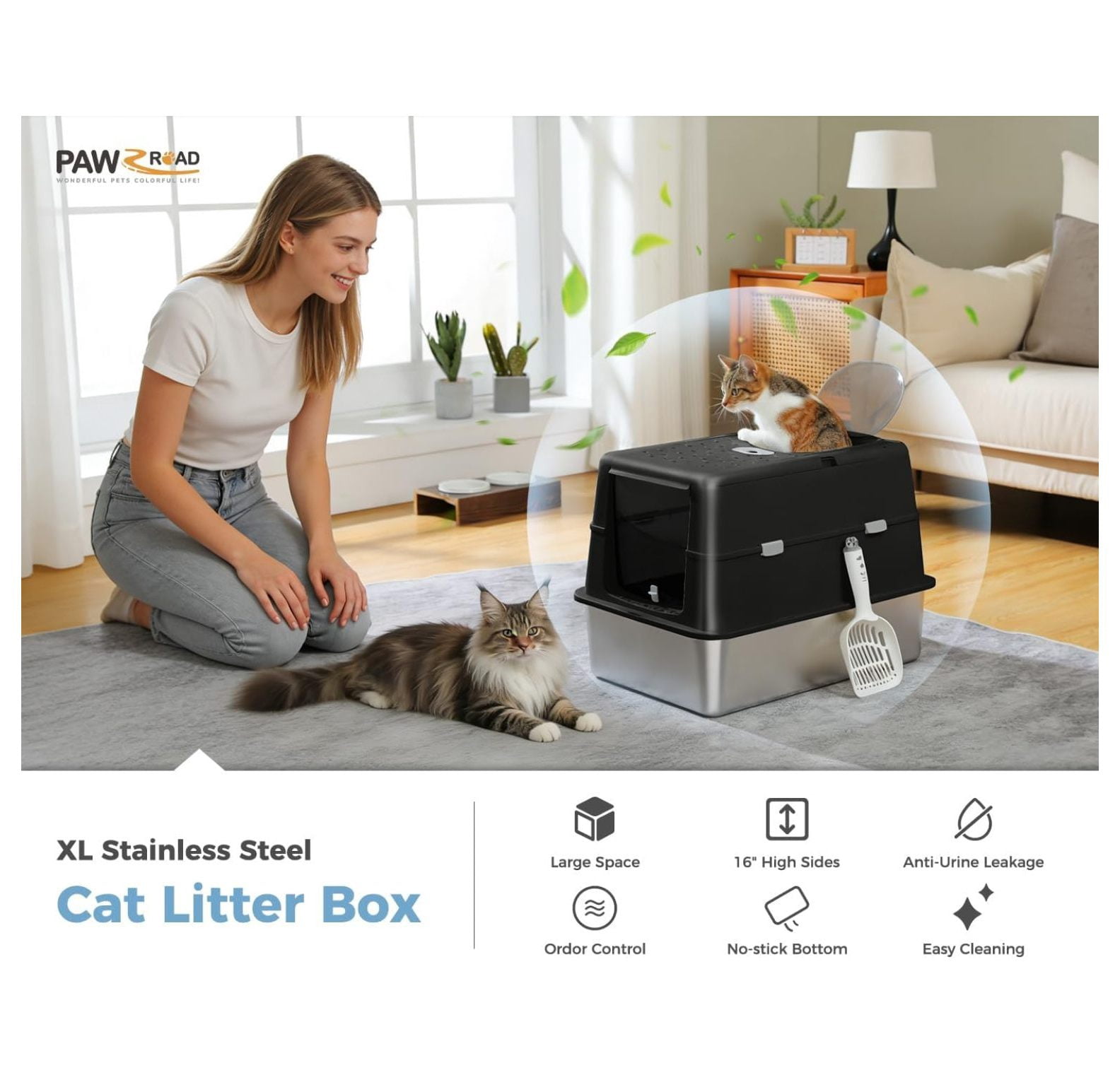 Stainless Steel Cat Litter Box XYT XL Extra-Large Enclosed Black For Big Cats Anti-Leakage With Dual Entry Pan