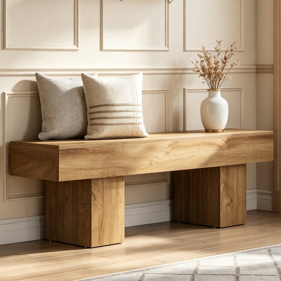 Fnova 55.12 Inch Farmhouse Wooden Bench, Wood Indoor Bench, Multi-Functional Long Seating Bench for Entryway Hallway Bedroom Dining Room