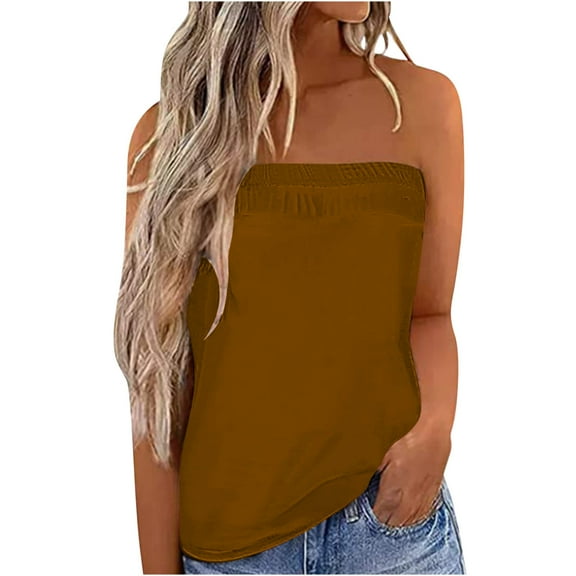 Homenesgenics Tank Tops for Women Plus Size Strapless Bandeau Tank Tops for Women Summer Solid Color Tube Casual Sexy off Shoulder Holiday Blouse Tops Brown XXL