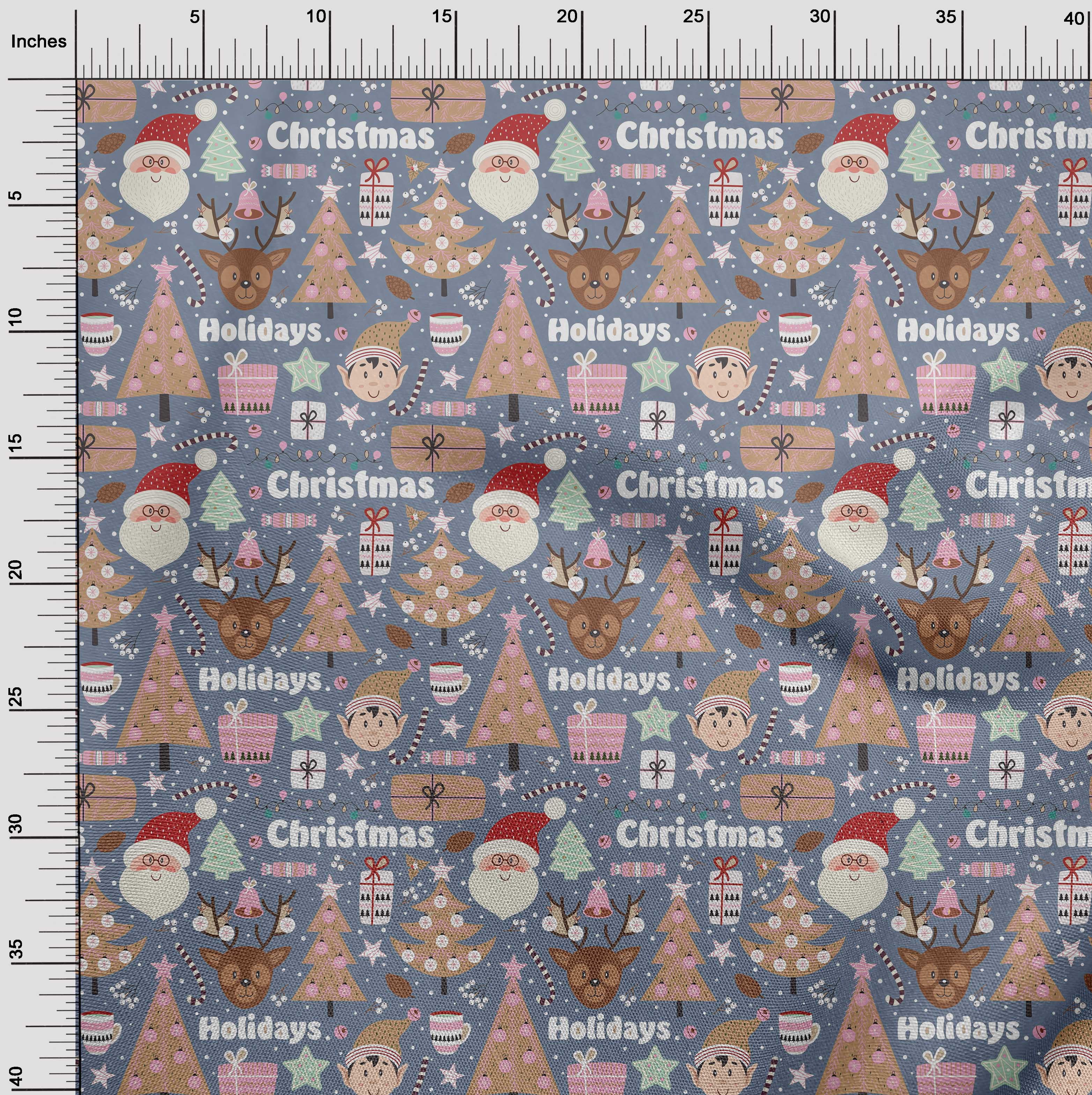 oneOone Viscose Chiffon Grayish Blue Fabric Santa|Gift Box & Tree Christmas Quilting Supplies Print Sewing Fabric By The Yard 42 Inch Wide