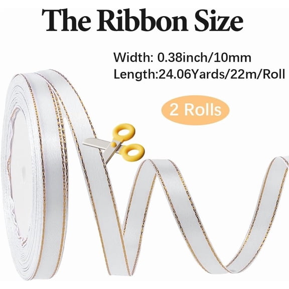 2 Rolls 48 Yards 3/8 Inch White Ribbon with Gold Edge Border Thin Soft Silk Polyester Satin Fabric Ribbons Trim Bulk for Sewing Making Crafts Gift Wrapping Wreaths Home Decor Bouquet Supply