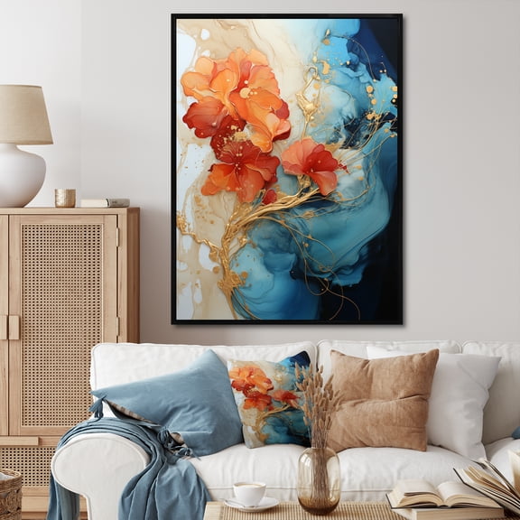 Designart "Orange Blue Abstract Fractal" Modern Floater Framed Wall Art Living Room