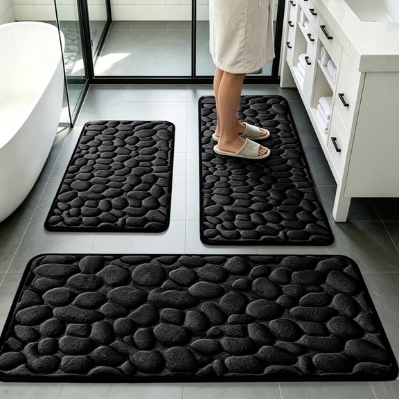 3Pcs Pebble Texture Bath Mat Set, Latex Non-Slip Backing, Thick Washable & Quick Drying Soft Chenille Carpet for Bathroom, Plush Shaggy Rugs, Absorbent Floor Mats, Black