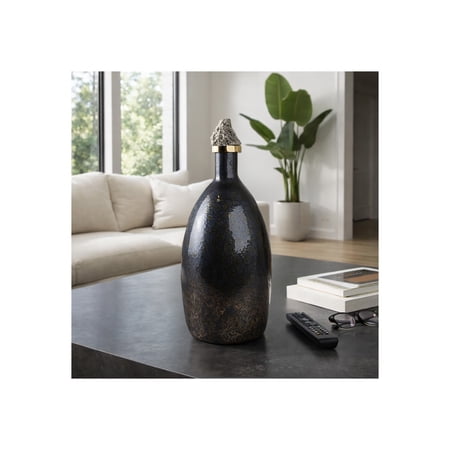 Textured Bottle Vase with Decorative Stone Topper for Living Room Decor - Glass Flower Vase for Home Office Table Use - Elegant Metallic Accent for Bedroom and House Settings - 20 Black & Silver