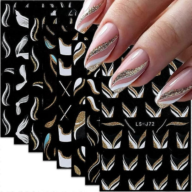 French Line Nail Stickers, 3D Self-Adhesive French Nail Decals Wave Stripe Lines V Shape Nail Design for Manicure DIY Nail Decoration (8Sheets)