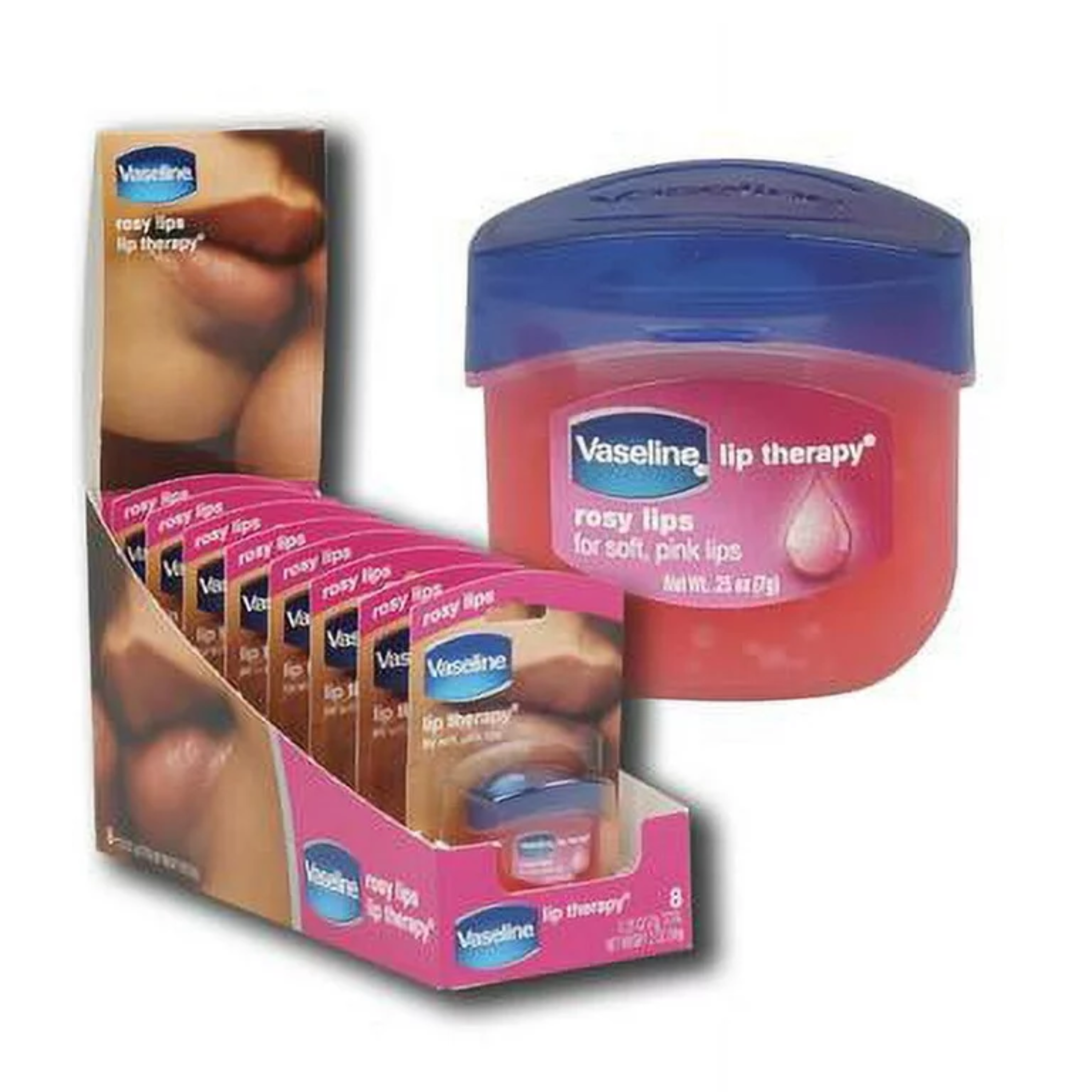 Vaseline Lip Therapy Rosy Lips On The Go Anywhere Travel Friendly 0.25 Oz. Pack Of 8 CASE