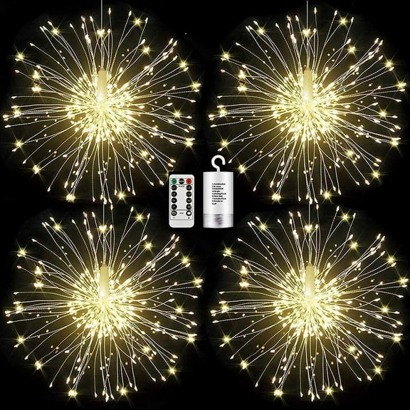 4 Pack Firework Lights Copper Wire 120 Led Starburst Lights, Dimmable Battery Operated with 8 Modes, Remote Control, Waterproof Fairy String Lights for Home, Patio, Christmas Decoration