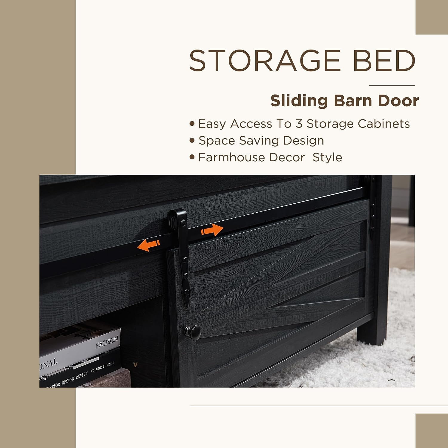 T4TREAM Farmhouse Black Queen Size Platform Bed Frame with Headboard and 3 Barn Door Storage Cabinets, No Box Spring Needed, Mattress Not Included
