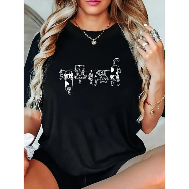 Camiseta básica para mujer verano SuaveCute Cat and Bear Pattern Women's Casual T-Shirt - Polyester Knit Fabric, Round Neck, All-Season Comfort, Animal-Themed Short Sleeve TopFather's Day, Mother's