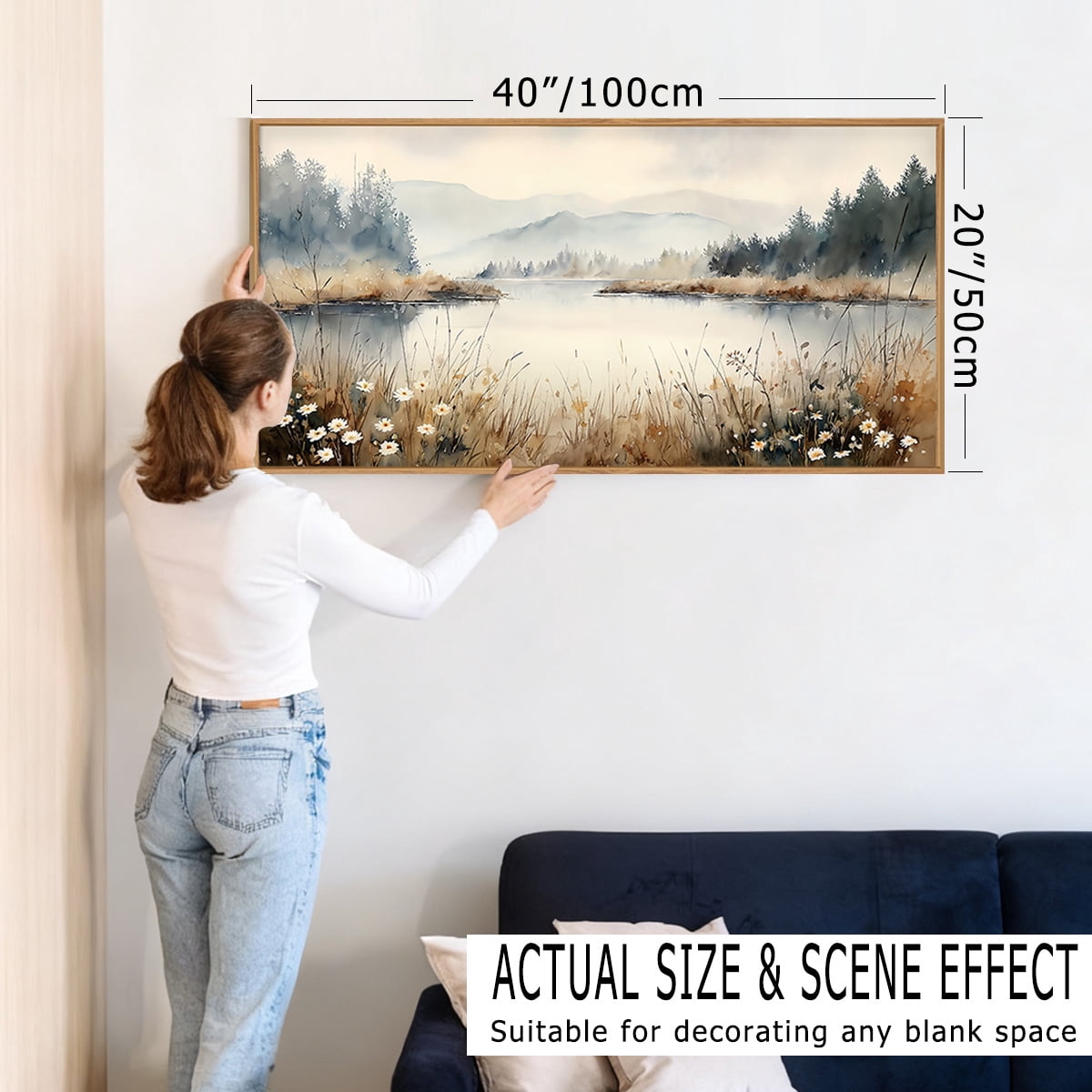 Nature Landscape Wall Art Wilderness Wall Decor Framed Forest Canvas Artwork Misty Mountain Lake Scenery Wall Painting for Living Room Farmhouse Bedroom 20X40 In