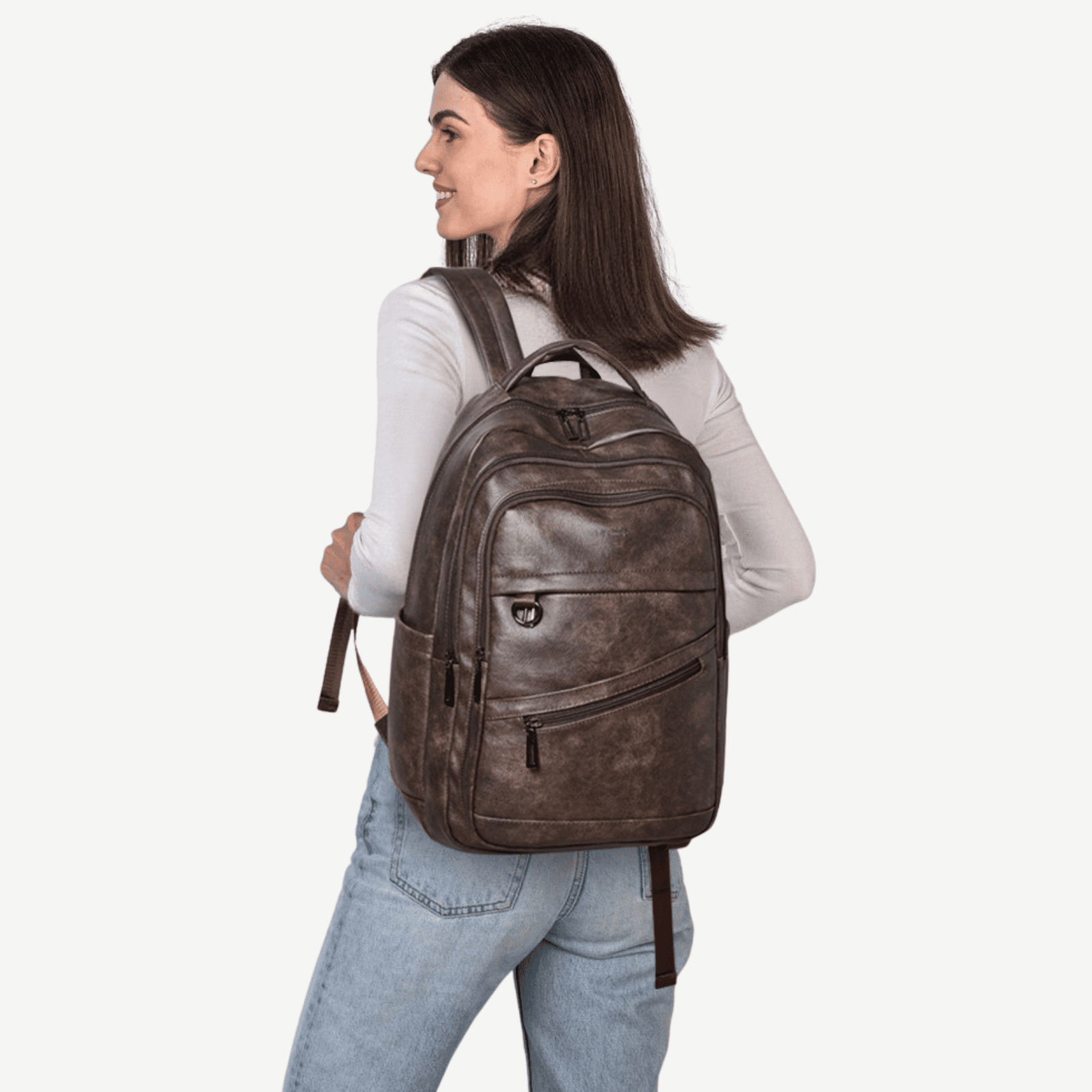 43L Vegan Leather Backpack for Women & Men, Travel Carry On Backpack, College Bookbag, Work Laptop Backpack fits 17 inch Laptop，Coffee