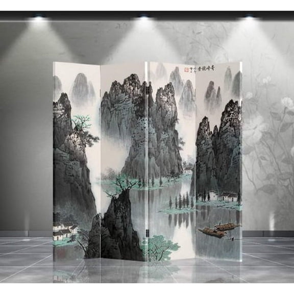 Double Sided Canvas Screen Room Divider - Mountain & River