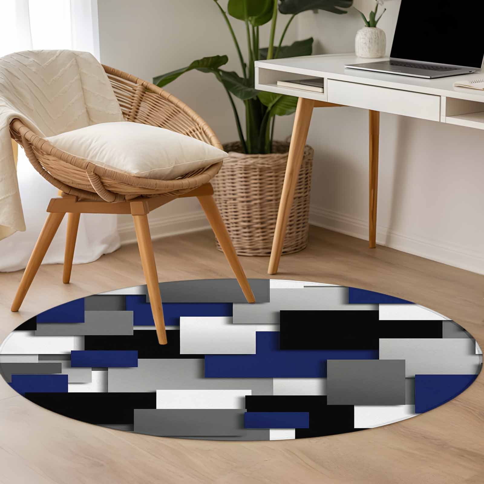Navy Blue Black Geometric Round Rug 3ft Washable Circle Entryway Rugs Non Slip Modern Abstract Art Block Area Rug Indoor Floor Carpet for Bedroom Kitchen Living Room Home Office Dining Room Nursery