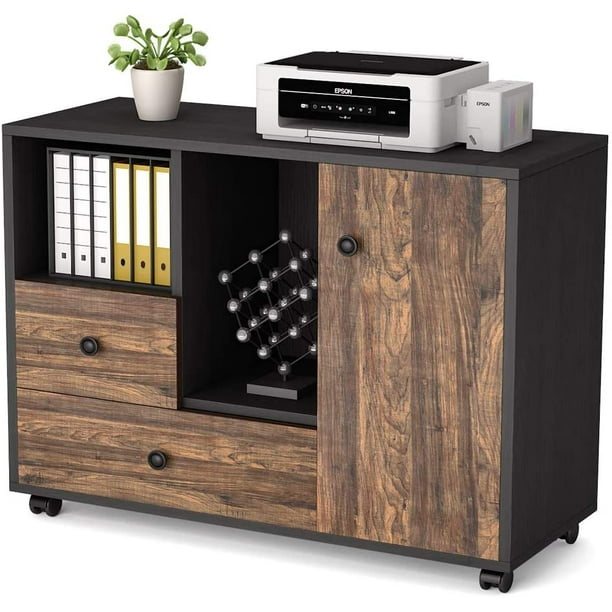 Tribesigns 2 Drawer Lateral File Cabinet Wood Filing Cabinet With Wheels Printer Stand With Storage Shelves For Home Office Black Brown Walmart Com Walmart Com